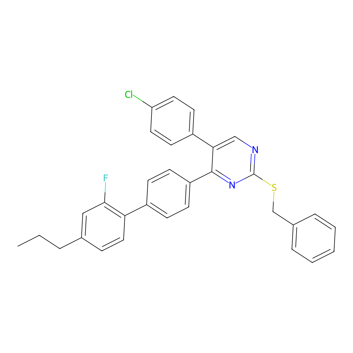 2-(Benzylsulfanyl)-5-(4-chlorophenyl)-4-(2'-fluoro-4'-propyl[1,1'-biphenyl]-4-yl)pyrimidine molecular structure, CAS 478248-93-0