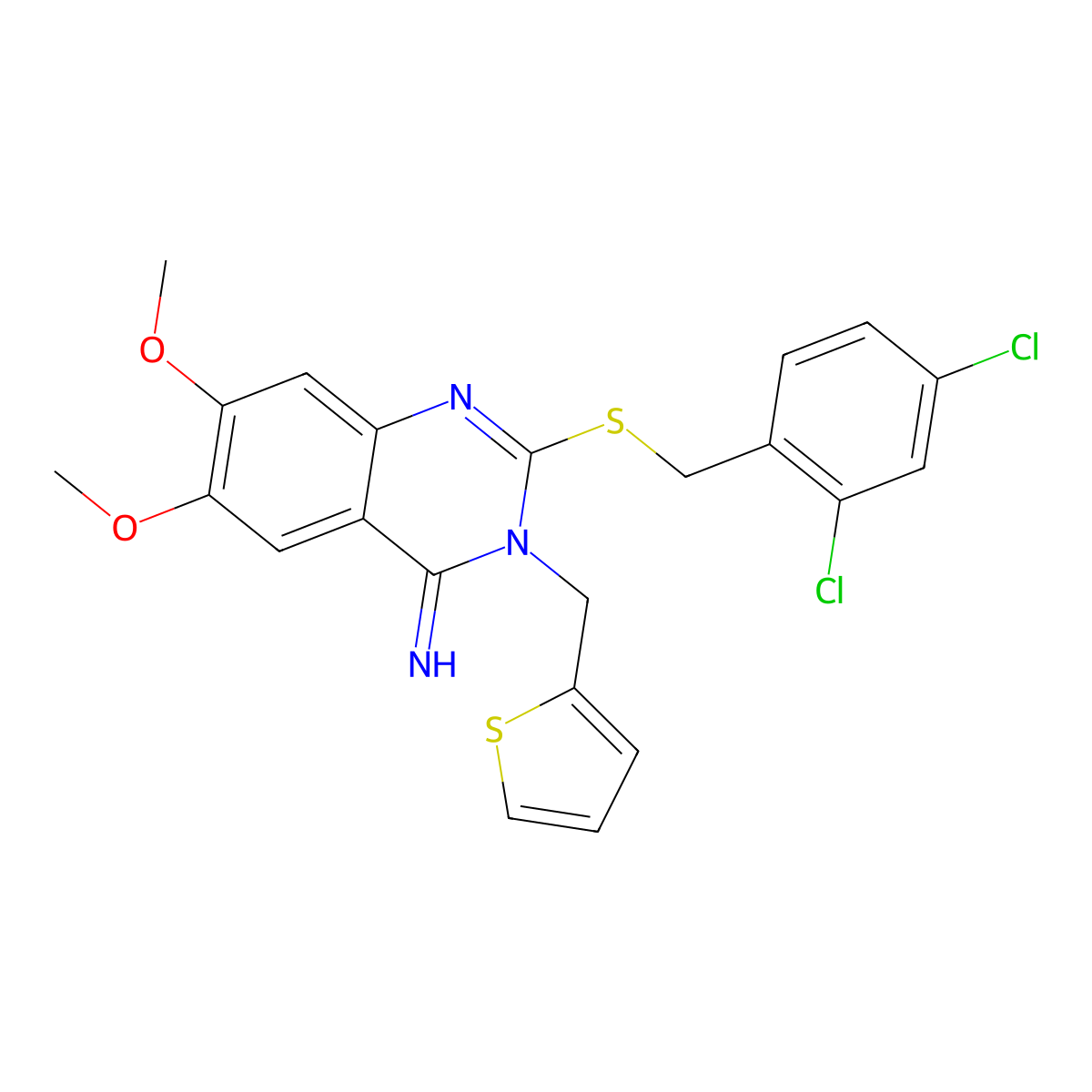 2-[(2,4-Dichlorophenyl)methylthio]-6,7-dimethoxy-3-(thiophen-2-ylmethyl)-4-quinazolinimine molecular structure, CAS 478249-60-4