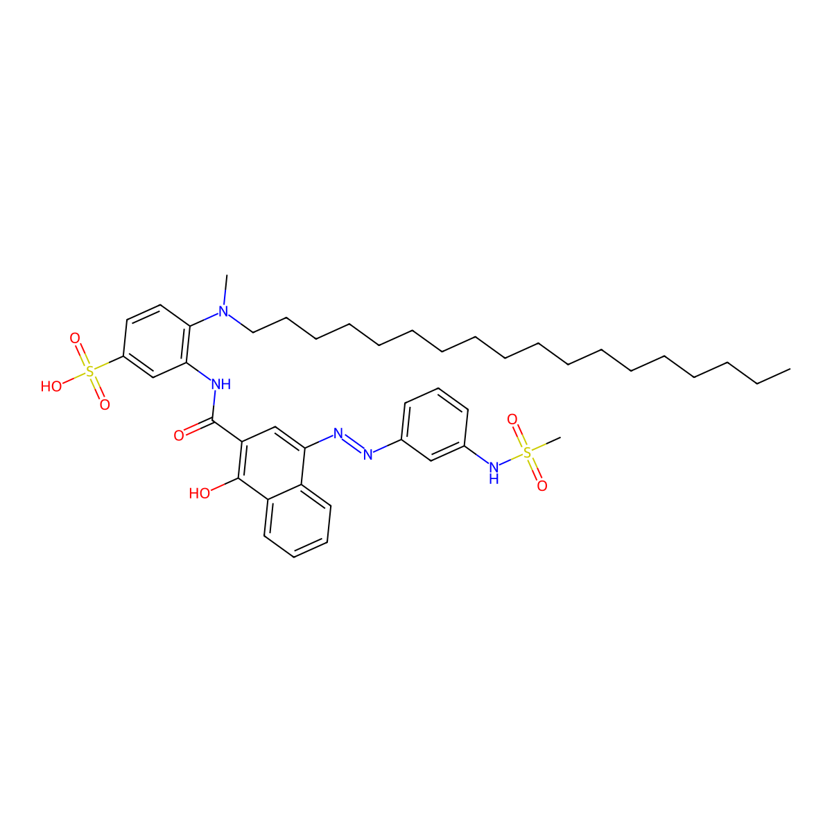 3-((1-Hydroxy-4-((E)-(3-((methylsulfonyl)amino)phenyl)diazenyl)-2-naphthoyl)amino)-4-(methyl(octadecyl)amino)benzenesulfonic acid molecular structure, CAS 478250-39-4