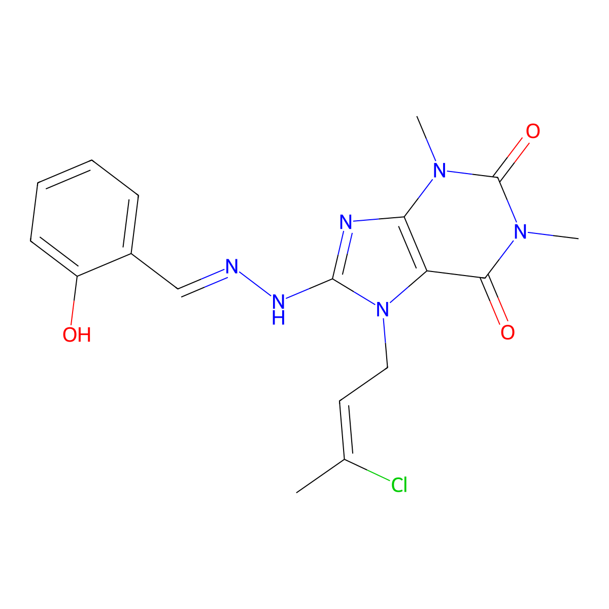 2-Hydroxybenzaldehyde (7-((2Z)-3-chloro-2-butenyl)-1,3-dimethyl-2,6-dioxo-2,3,6,7-tetrahydro-1H-purin-8-YL)hydrazone molecular structure, CAS 478253-32-6