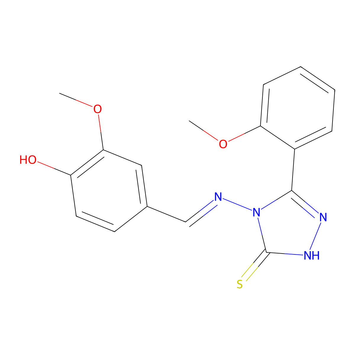 2,4-Dihydro-4-(((4-hydroxy-3-methoxyphenyl)methylene)amino)-5-(2-methoxyphenyl)-3H-1,2,4-triazole-3-thione molecular structure, CAS 478256-90-5