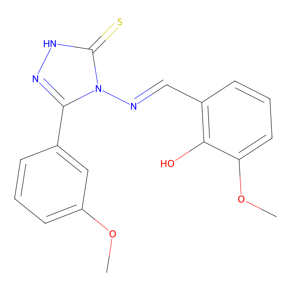 2,4-Dihydro-4-[[(2-hydroxy-3-methoxyphenyl)methylene]amino]-5-(3-methoxyphenyl)-3H-1,2,4-triazole-3-thione molecular structure, CAS 478257-66-8