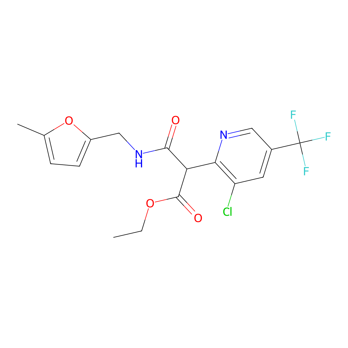 Ethyl 2-[3-chloro-5-(trifluoromethyl)-2-pyridinyl]-3-{[(5-methyl-2-furyl)methyl]amino}-3-oxopropanoate molecular structure, CAS 478257-84-0