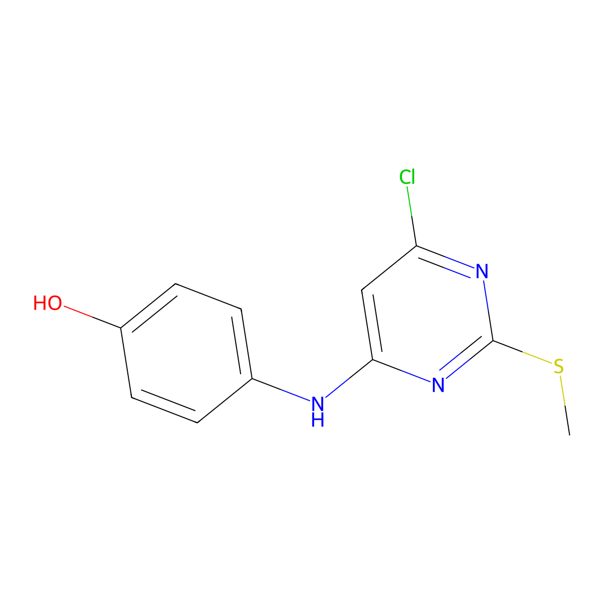 4-{[6-Chloro-2-(methylsulfanyl)-4-pyrimidinyl]amino}benzenol molecular structure, CAS 478258-36-5