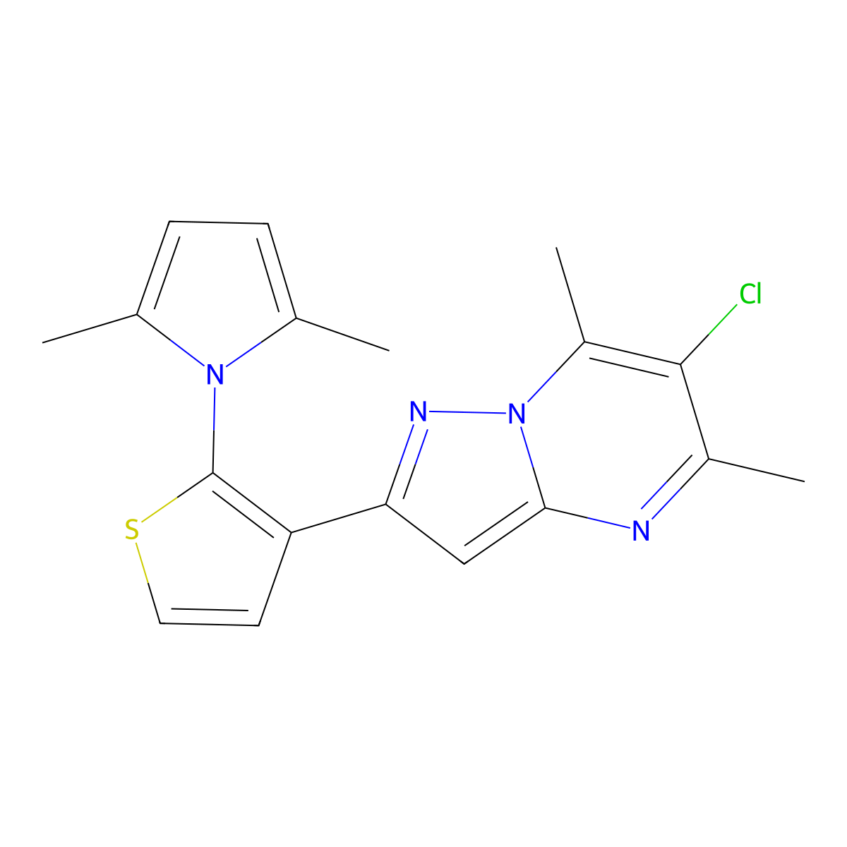 6-chloro-2-[2-(2,5-dimethyl-1H-pyrrol-1-yl)-3-thienyl]-5,7-dimethylpyrazolo[1,5-a]pyrimidine molecular structure, CAS 478258-94-5
