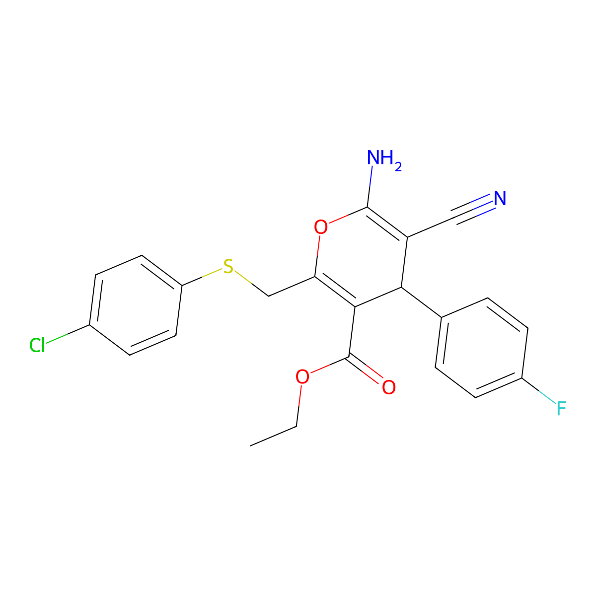 ethyl 6-amino-2-{[(4-chlorophenyl)sulfanyl]methyl}-5-cyano-4-(4-fluorophenyl)-4H-pyran-3-carboxylate molecular structure, CAS 478260-23-0