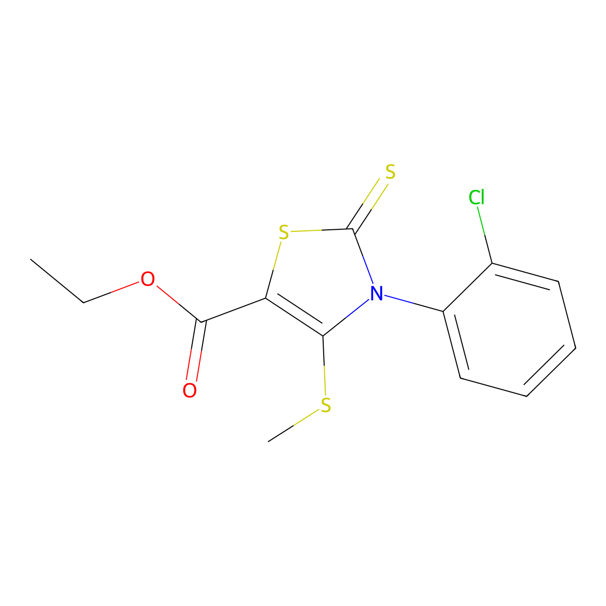 Ethyl 3-(2-chlorophenyl)-4-(methylsulfanyl)-2-thioxo-2,3-dihydro-1,3-thiazole-5-carboxylate molecular structure, CAS 478261-53-9