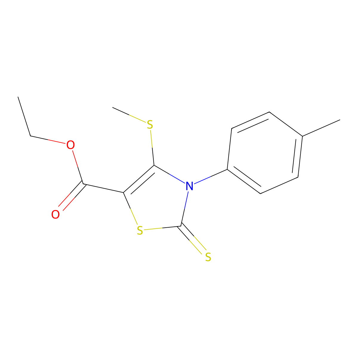 Ethyl 3-(4-methylphenyl)-4-(methylsulfanyl)-2-thioxo-2,3-dihydro-1,3-thiazole-5-carboxylate molecular structure, CAS 478261-54-0