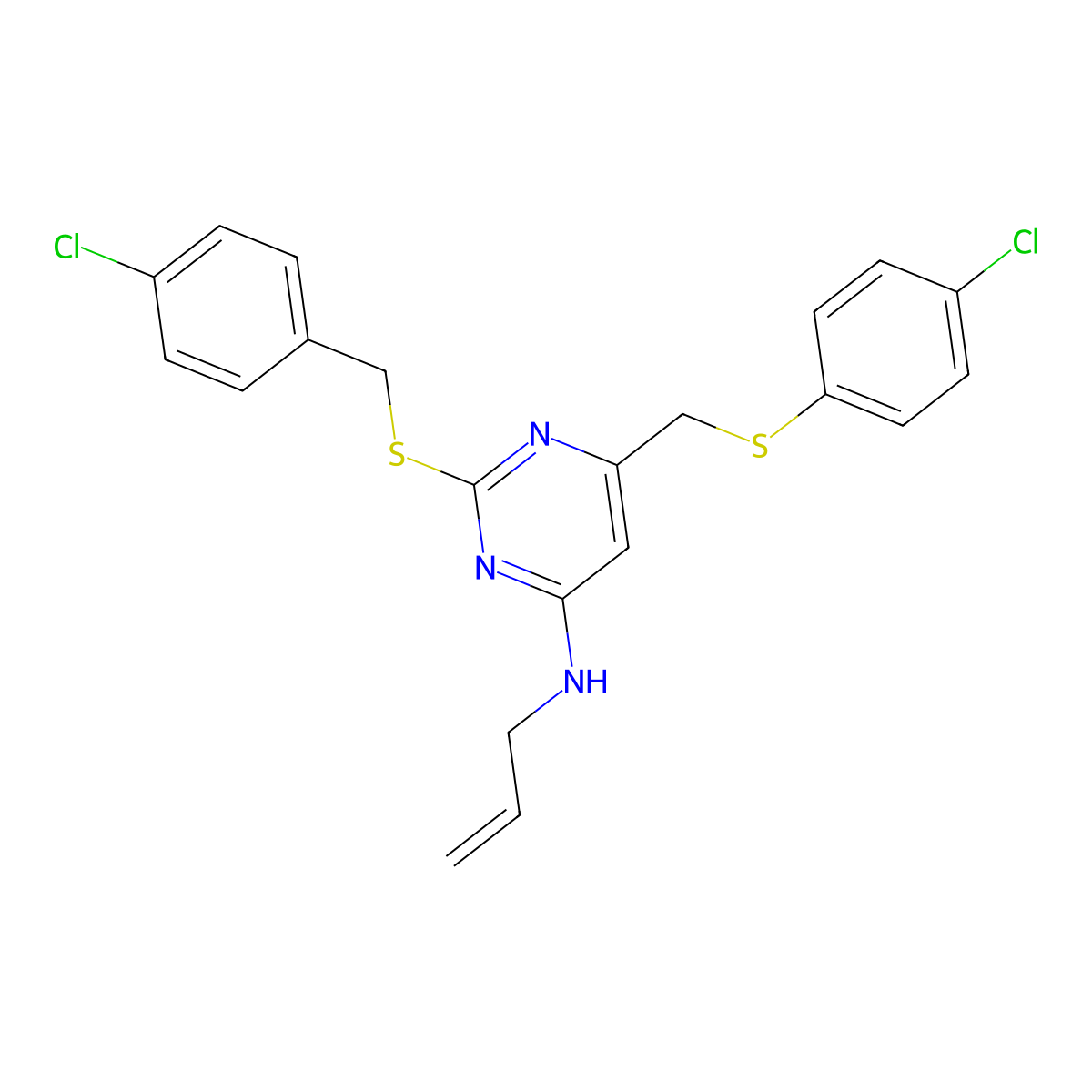 N-allyl-2-[(4-chlorobenzyl)sulfanyl]-6-{[(4-chlorophenyl)sulfanyl]methyl}-4-pyrimidinamine molecular structure, CAS 478261-61-9