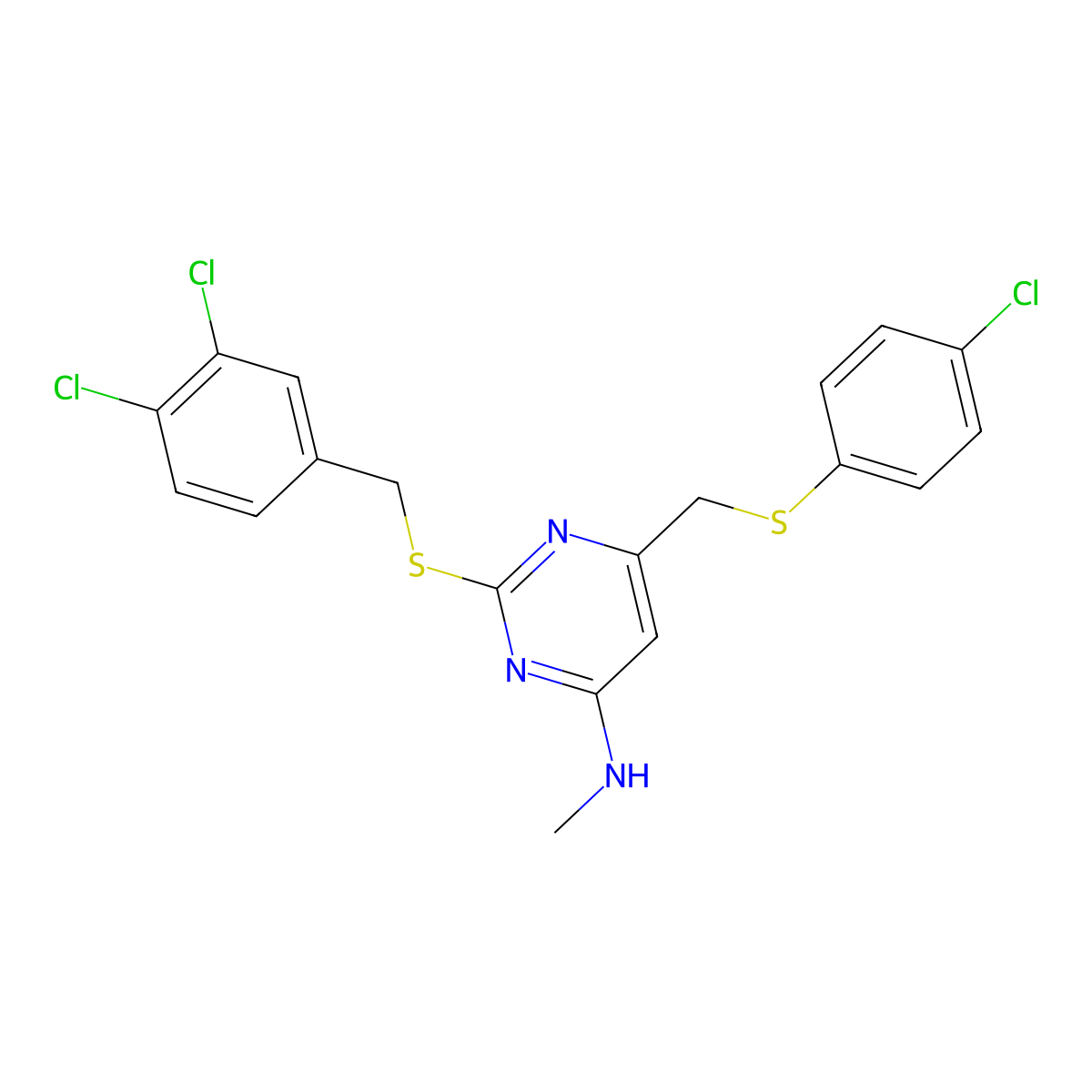 N-{6-{[(4-chlorophenyl)sulfanyl]methyl}-2-[(3,4-dichlorobenzyl)sulfanyl]-4-pyrimidinyl}-N-methylamine molecular structure, CAS 478261-62-0
