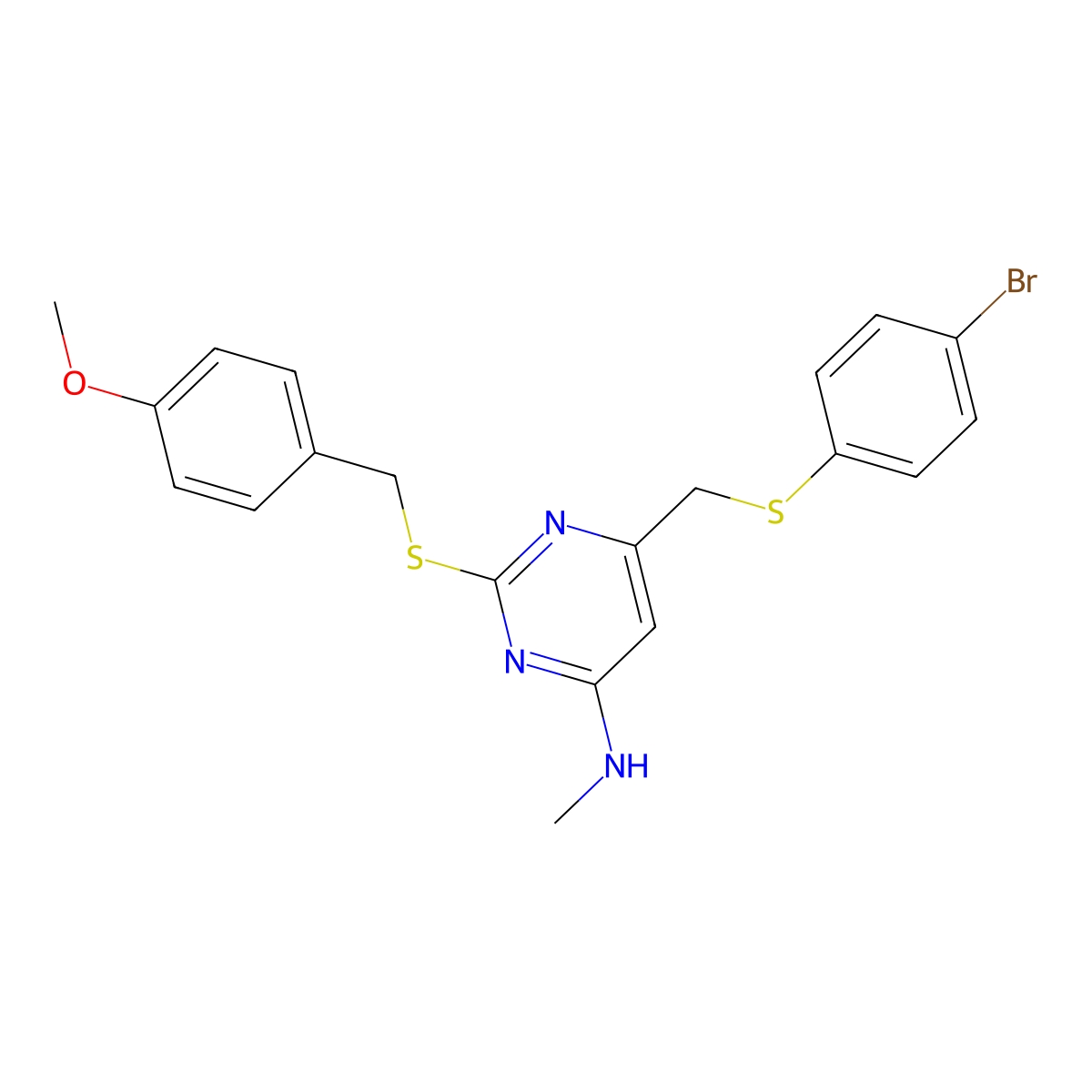 6-{[(4-bromophenyl)sulfanyl]methyl}-2-[(4-methoxybenzyl)sulfanyl]-N-methyl-4-pyrimidinamine molecular structure, CAS 478261-63-1