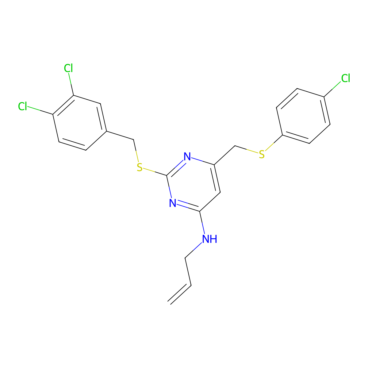 N-allyl-6-{[(4-chlorophenyl)sulfanyl]methyl}-2-[(3,4-dichlorobenzyl)sulfanyl]-4-pyrimidinamine molecular structure, CAS 478261-64-2
