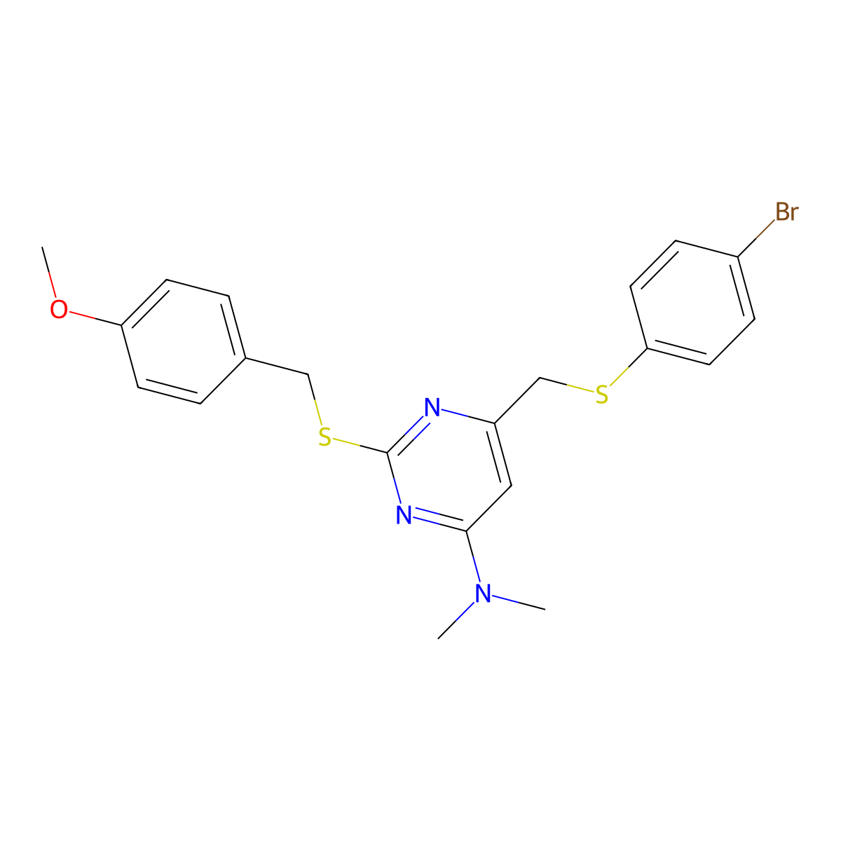 6-{[(4-bromophenyl)sulfanyl]methyl}-2-[(4-methoxybenzyl)sulfanyl]-N,N-dimethyl-4-pyrimidinamine molecular structure, CAS 478261-65-3