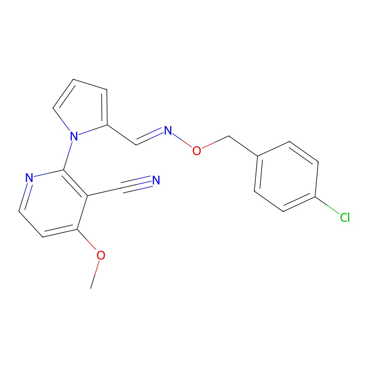 2-[2-({[(4-chlorobenzyl)oxy]imino}methyl)-1H-pyrrol-1-yl]-4-methoxynicotinonitrile molecular structure, CAS 478262-33-8