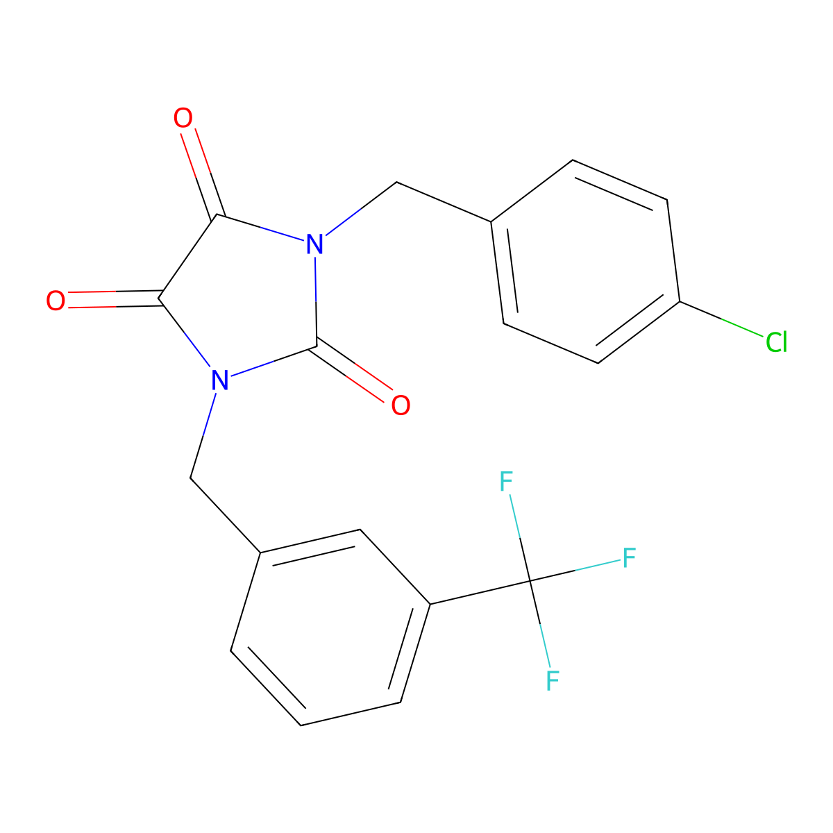 1-(4-chlorobenzyl)-3-[3-(trifluoromethyl)benzyl]-1H-imidazole-2,4,5(3H)-trione molecular structure, CAS 478262-69-0