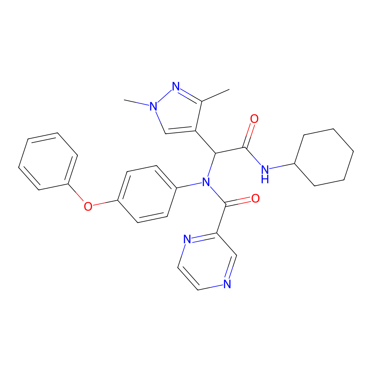 Pyrazine-2-carboxylic acid [cyclohexylcarbamoyl-(1,3-dimethyl-1H-pyrazol-4-yl)-methyl]-(4-phenoxy-phenyl)-amide molecular structure, CAS 478341-98-9