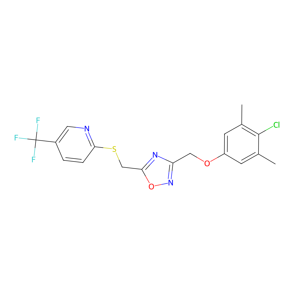 3-[(4-Chloro-3,5-dimethylphenoxy)methyl]-5-[[5-(trifluoromethyl)pyridin-2-yl]sulfanylmethyl]-1,2,4-oxadiazole molecular structure, CAS 4784-96-7