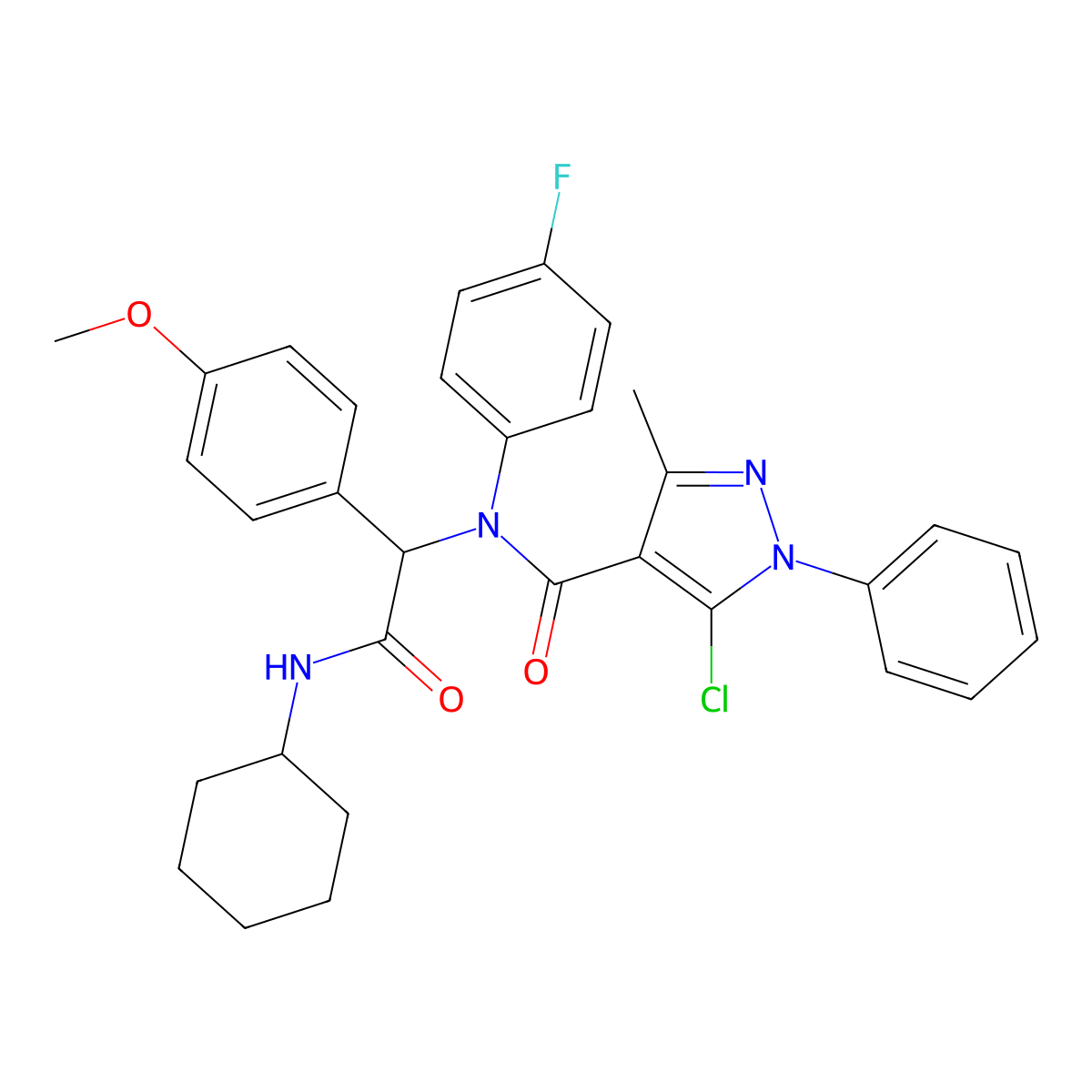 1H-Pyrazole-4-carboxamide, 5-chloro-N-[2-(cyclohexylamino)-1-(4-methoxyphenyl)-2-oxoethyl]-N-(4-fluorophenyl)-3-methyl-1-phenyl- molecular structure, CAS 478483-17-9