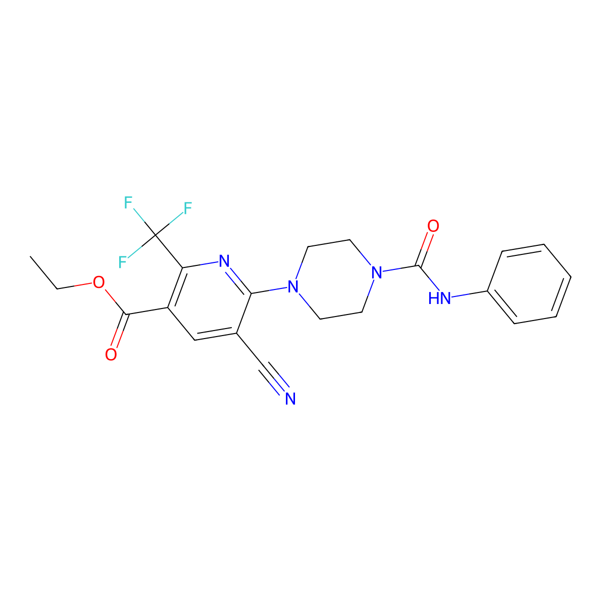 Ethyl 5-cyano-6-[4-(phenylcarbamoyl)piperazin-1-yl]-2-(trifluoromethyl)pyridine-3-carboxylate molecular structure, CAS 4786-97-4