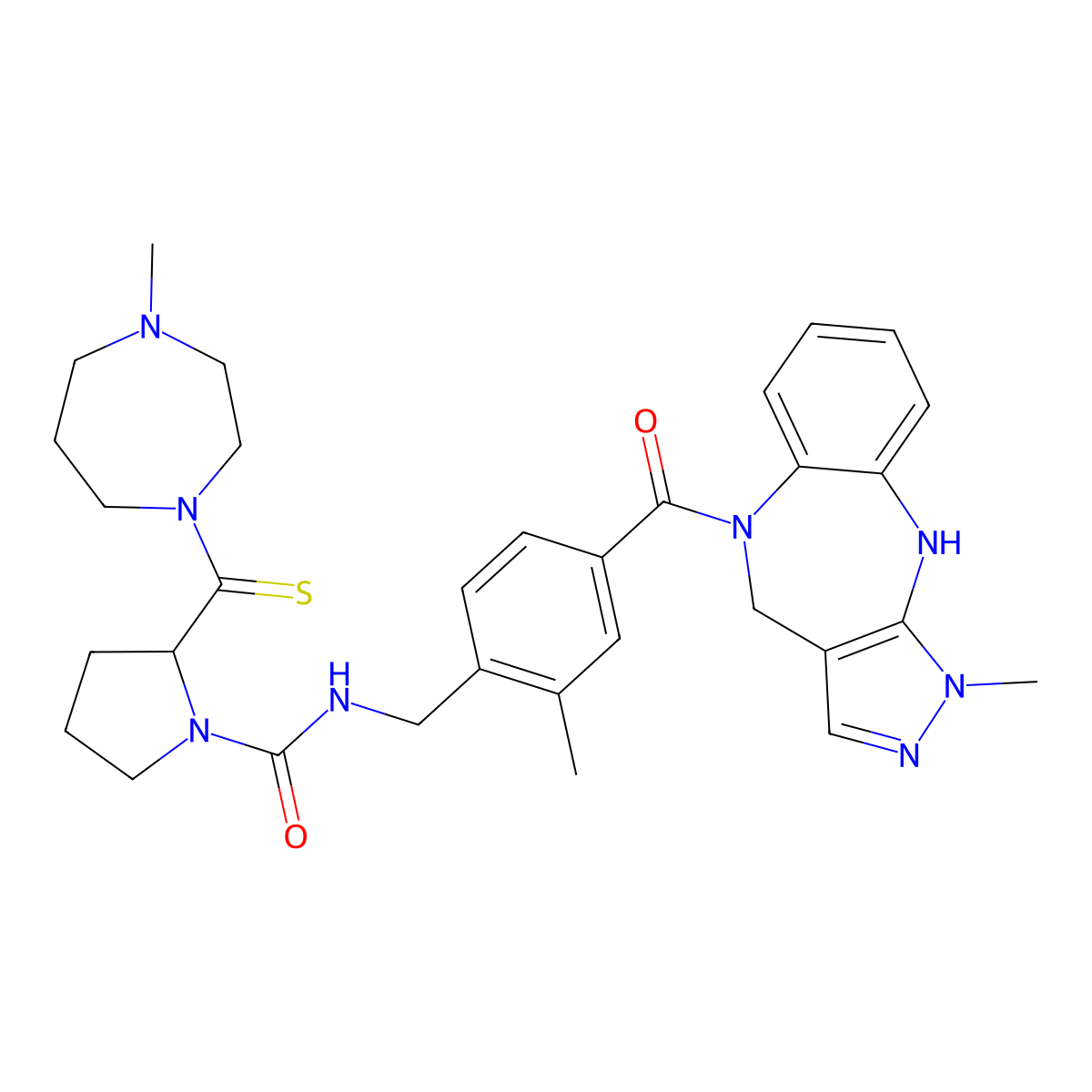 (2S)-N-[[4-[(4,10-Dihydro-1-methylpyrazolo[3,4-b][1,5]benzodiazepin-5(1H)-yl)carbonyl]-2-methylphenyl]methyl]-2-[(hexahydro-4-methyl-1H-1,4-diazepin-1-yl)thioxomethyl]-1-pyrrolidinecarboxamide molecular structure, CAS 479232-57-0