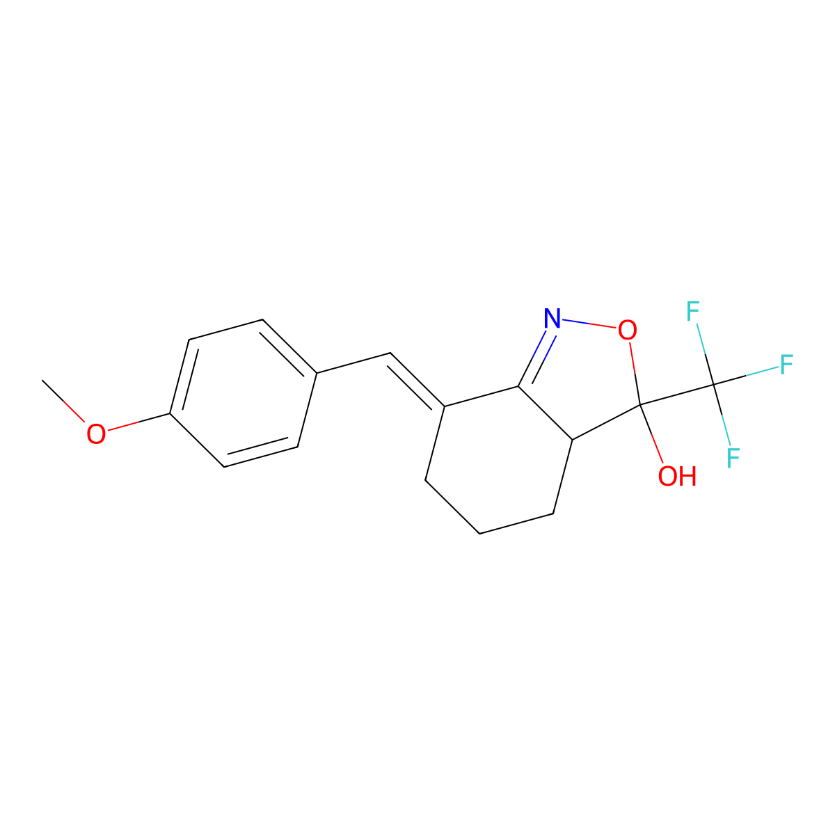 3,4,5,6,6a,7-Hexahydro-7-hydroxy-3-(e)-(p-methoxybenzylidene)-7-(trifluoromethyl)benz-[c]-isoxazole molecular structure, CAS 479499-14-4