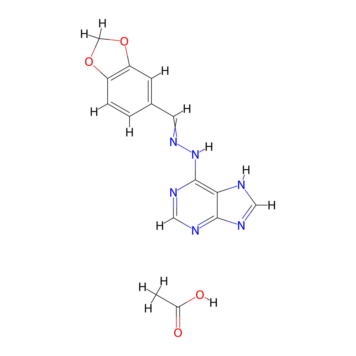 1,3-Benzodioxole-5-carboxaldehyde, 2-(9H-purin-6-yl)hydrazone, acetate (1:1) molecular structure, CAS 479580-59-1