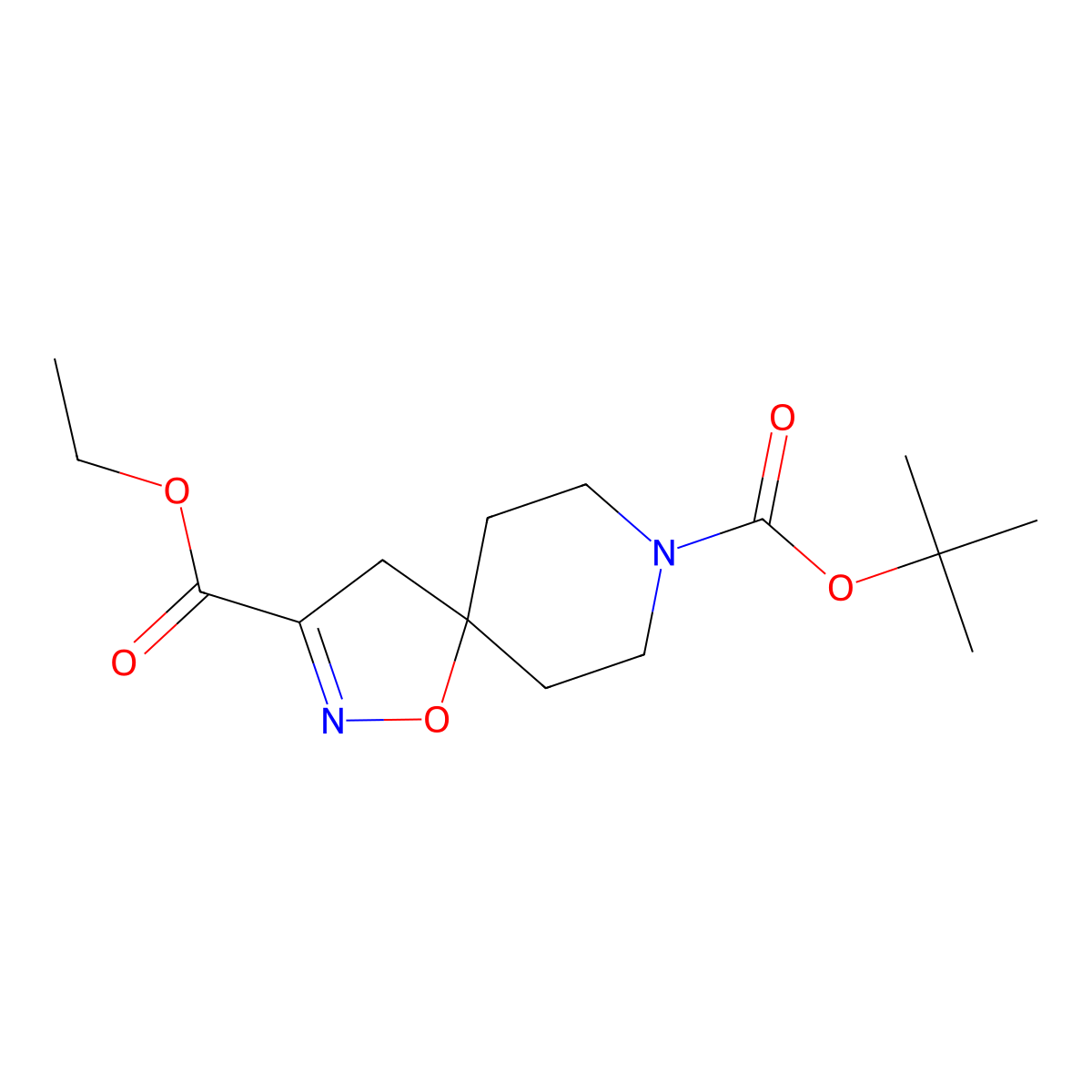 8-Tert-butyl 3-ethyl 1-oxa-2,8-diazaspiro[4.5]dec-2-ene-3,8-dicarboxylate molecular structure, CAS 479636-65-2