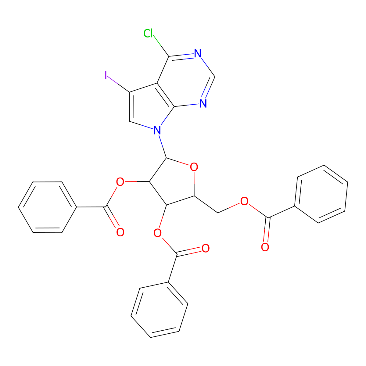 (2R,3R,4R,5R)-2-((benzoyloxy)methyl)-5-(4-chloro-5-iodo-7H-pyrrolo[2,3-d]pyrimidin-7-yl)tetrahydrofuran-3,4-diyl dibenzoate molecular structure, CAS 480439-89-2