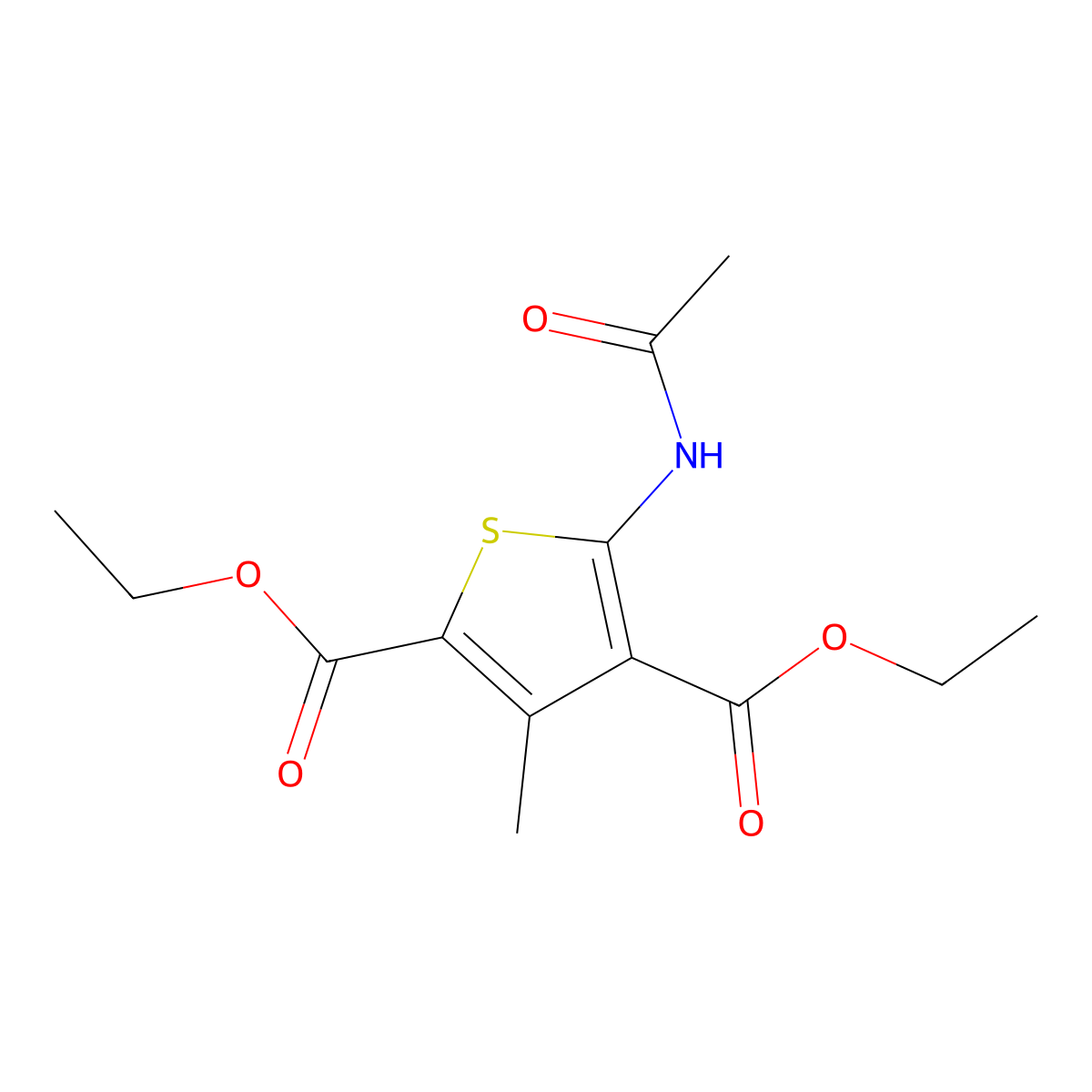 Diethyl 5-acetamido-3-methylthiophene-2,4-dicarboxylate molecular structure, CAS 4815-41-2