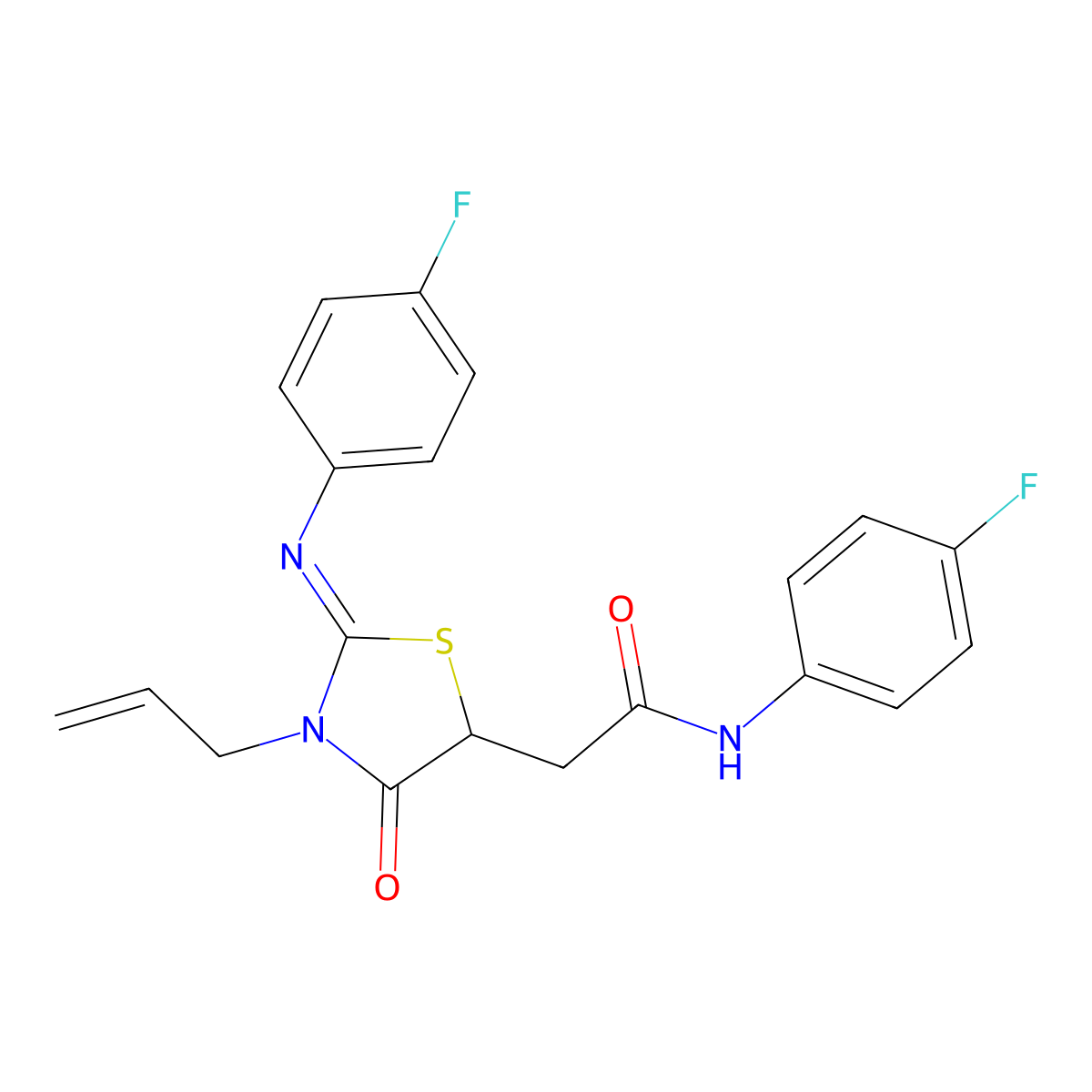 N-(4-fluorophenyl)-2-[(2Z)-2-[(4-fluorophenyl)imino]-4-oxo-3-(prop-2-en-1-yl)-1,3-thiazolidin-5-yl]acetamide molecular structure, CAS 481672-15-5