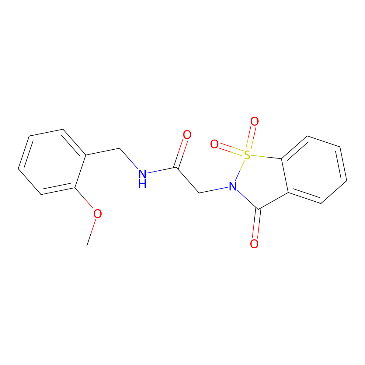 2-(1,1-dioxido-3-oxo-1,2-benzothiazol-2(3H)-yl)-N-(2-methoxybenzyl)acetamide molecular structure, CAS 481686-90-2