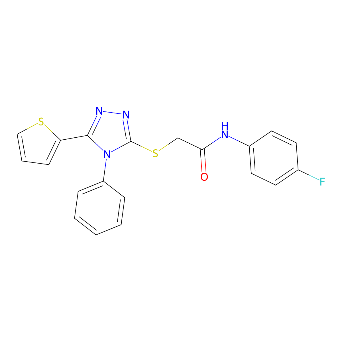 N-(4-fluorophenyl)-2-[(4-phenyl-5-thiophen-2-yl-1,2,4-triazol-3-yl)sulfanyl]acetamide molecular structure, CAS 481708-68-3