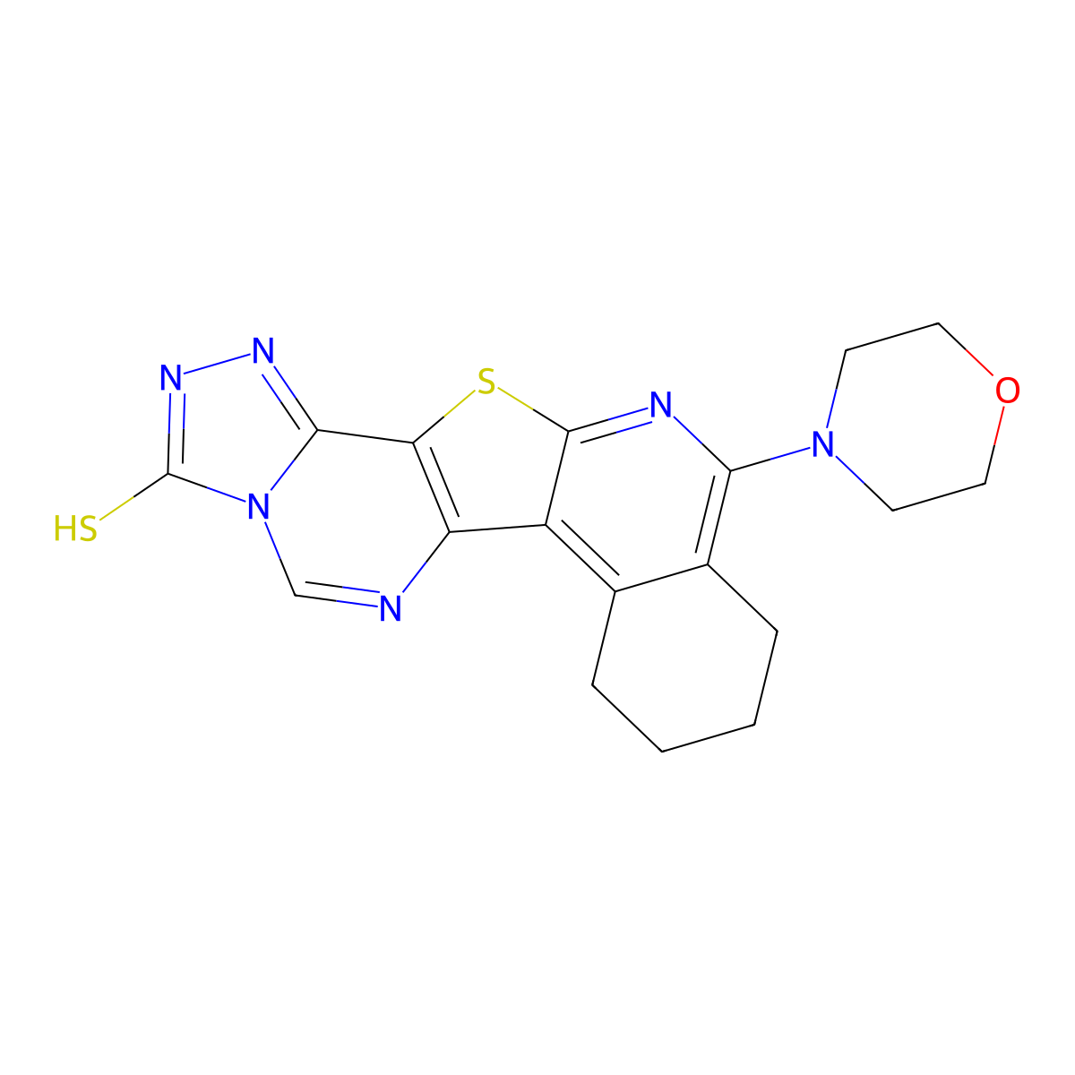 11-morpholino-7,8,9,10-tetrahydro-[1,2,4]triazolo[4'',3'':1',6']pyrimido[4',5':4,5]thieno[2,3-c]isoquinoline-3(2H)-thione molecular structure, CAS 4818-23-9