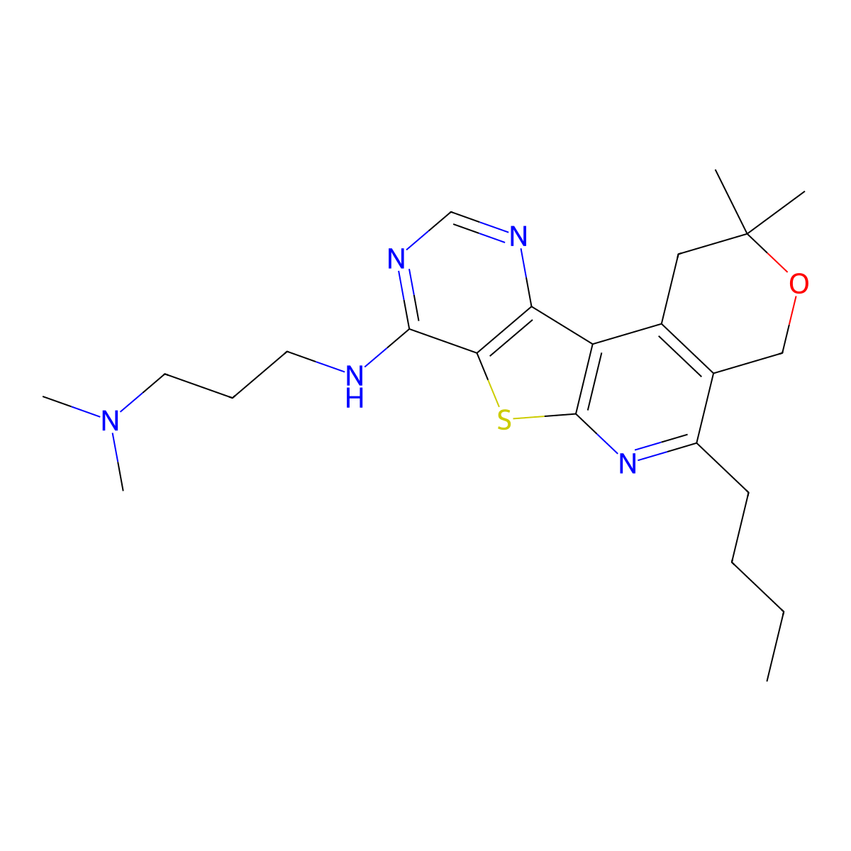 N~3~-(5-Butyl-2,2-dimethyl-1,4-dihydro-2H-pyrano[4'',3'':4',5']pyrido[3',2':4,5]thieno[3,2-d]pyrimidin-8-yl)-N~1~,N~1~-dimethylpropane-1,3-diamine molecular structure, CAS 4822-26-8