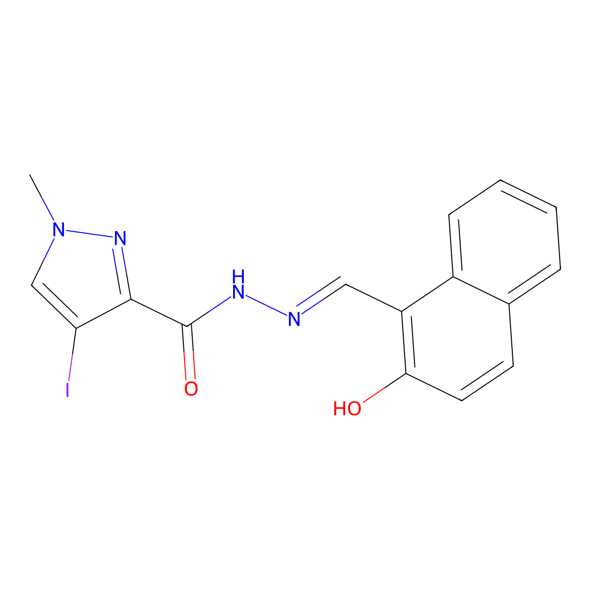 4-Iodo-1-methyl-1H-pyrazole-3-carboxylic acid (2-hydroxy-naphthalen-1-ylmethylene)-hydrazide molecular structure, CAS 482279-24-3