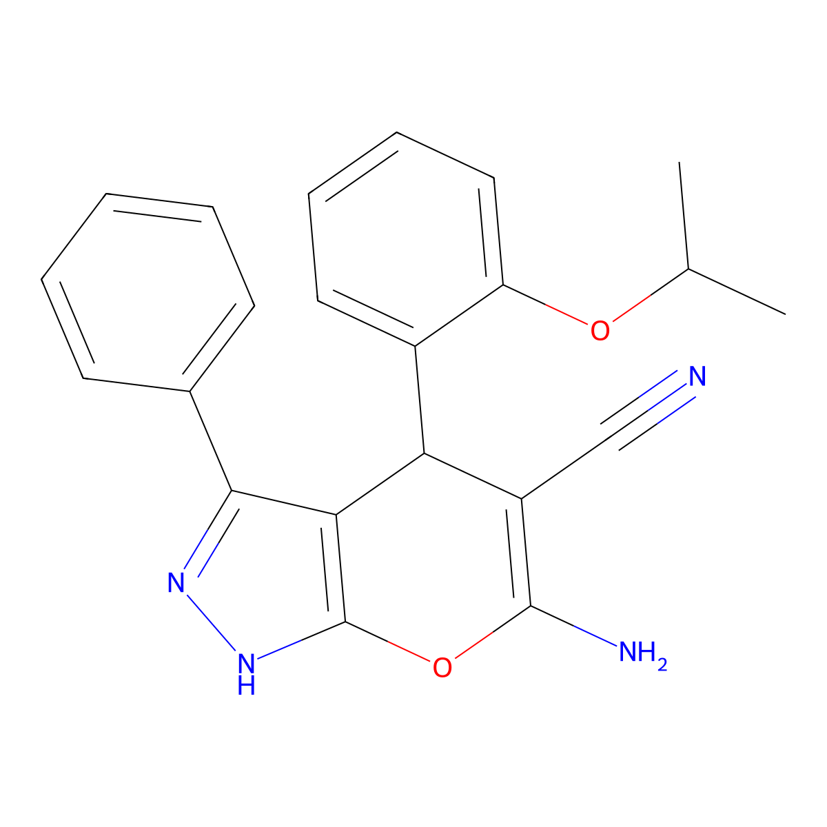 6-Amino-4-{2-[(1-methylethyl)oxy]phenyl}-3-phenyl-2,4-dihydropyrano[2,3-c]pyrazole-5-carbonitrile molecular structure, CAS 4823-78-3