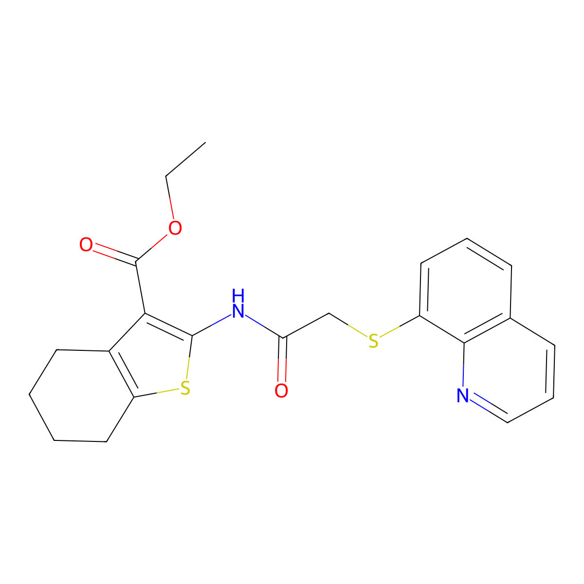 Ethyl 2-[2-(quinolin-8-ylsulfanyl)acetamido]-4,5,6,7-tetrahydro-1-benzothiophene-3-carboxylate molecular structure, CAS 482339-29-7