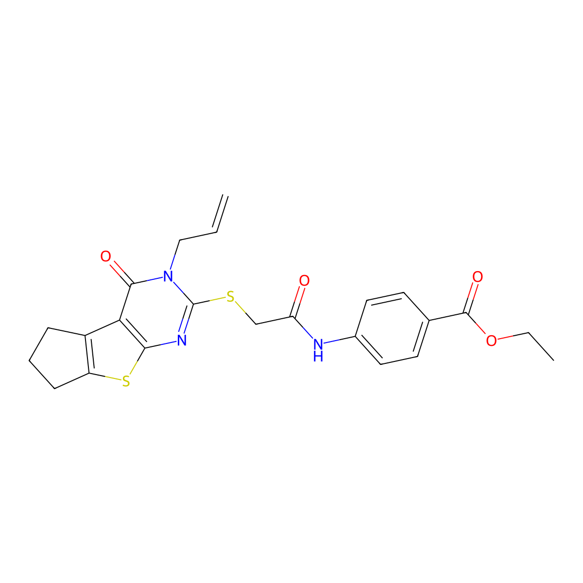 Ethyl 4-(2-{[12-oxo-11-(prop-2-en-1-yl)-7-thia-9,11-diazatricyclo[6.4.0.0^{2,6}]dodeca-1(8),2(6),9-trien-10-yl]sulfanyl}acetamido)benzoate molecular structure, CAS 4824-69-5