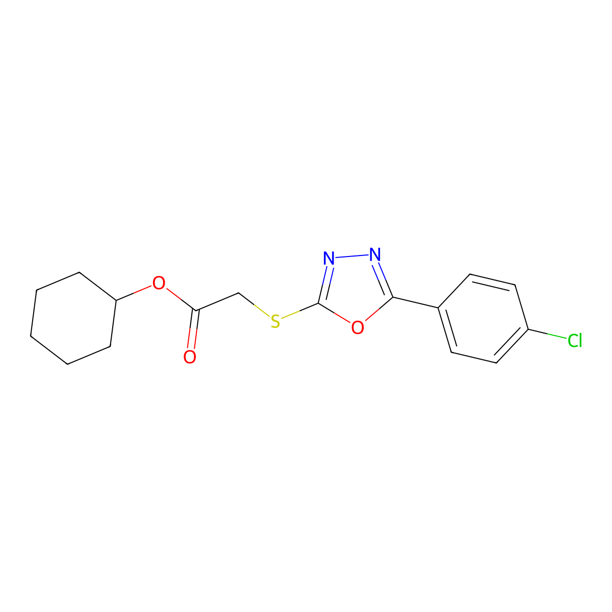 Cyclohexyl 2-((5-(4-chlorophenyl)-1,3,4-oxadiazol-2-yl)thio)acetate molecular structure, CAS 482613-64-9