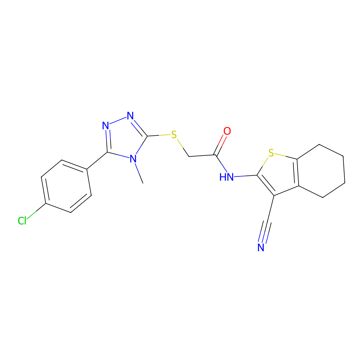 2-[[5-(4-chlorophenyl)-4-methyl-1,2,4-triazol-3-yl]sulfanyl]-N-(3-cyano-4,5,6,7-tetrahydro-1-benzothiophen-2-yl)acetamide molecular structure, CAS 482631-45-8