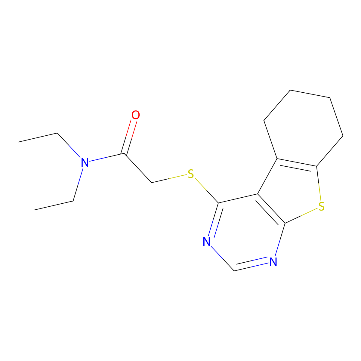 N,N-diethyl-2-(5,6,7,8-tetrahydro[1]benzothieno[2,3-d]pyrimidin-4-ylsulfanyl)acetamide molecular structure, CAS 482634-89-9