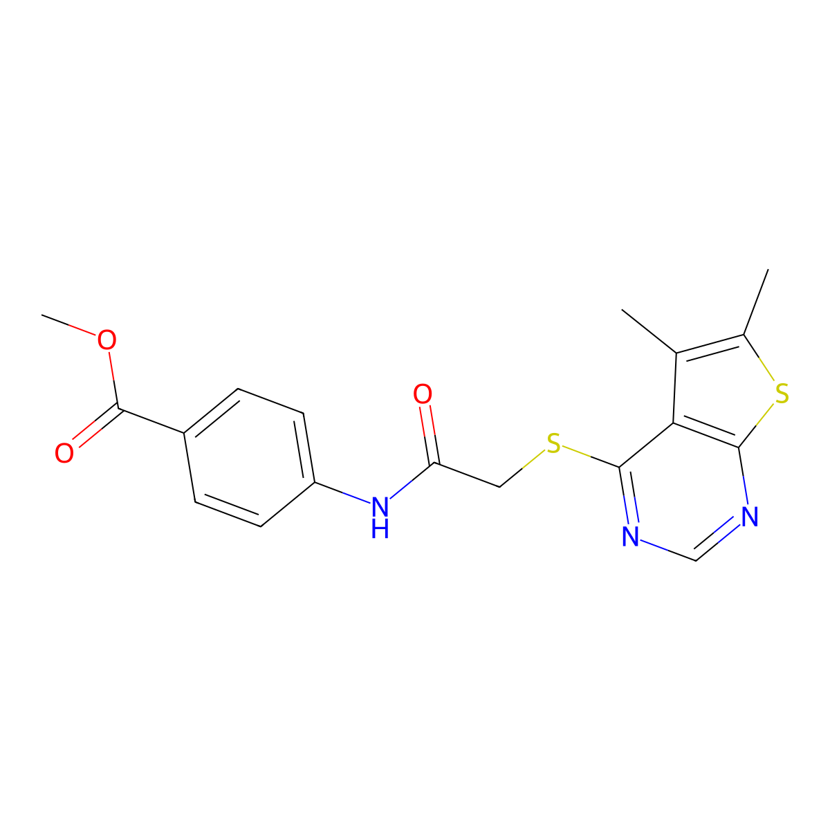 Methyl 4-({[(5,6-dimethylthieno[2,3-d]pyrimidin-4-yl)sulfanyl]acetyl}amino)benzoate molecular structure, CAS 482635-00-7