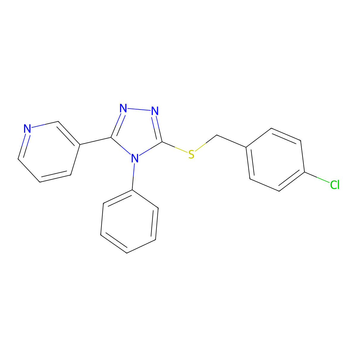 3-[5-[(4-Chlorophenyl)methylsulfanyl]-4-phenyl-1,2,4-triazol-3-yl]pyridine molecular structure, CAS 482637-73-0