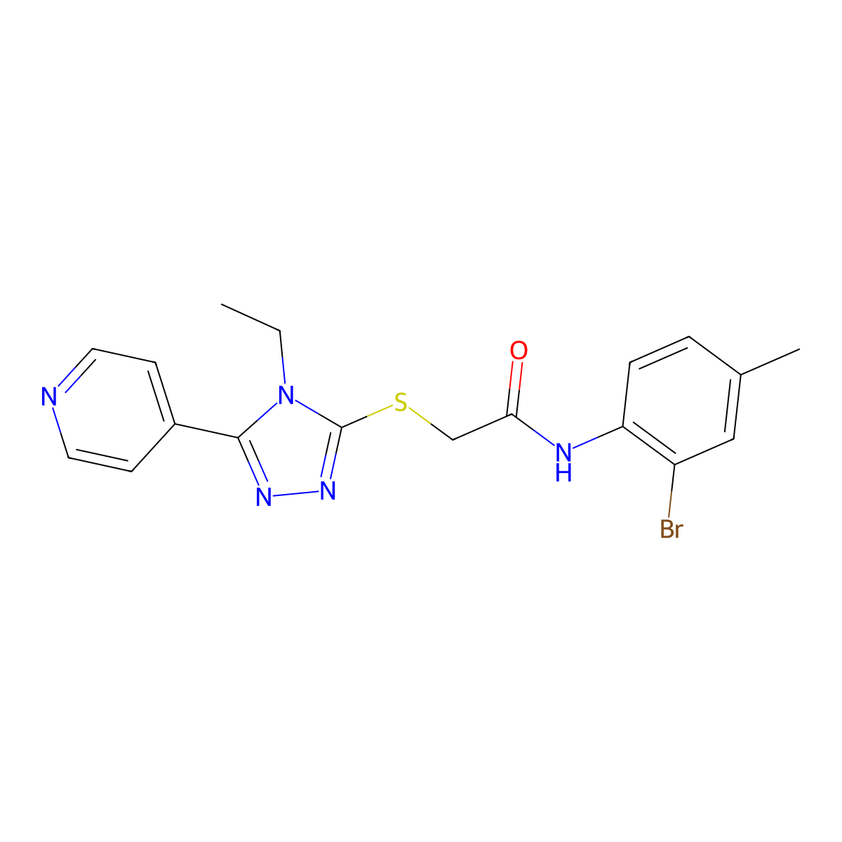 N-(2-Bromo-4-methylphenyl)-2-((4-ethyl-5-(4-pyridinyl)-4H-1,2,4-triazol-3-YL)sulfanyl)acetamide molecular structure, CAS 482639-70-3