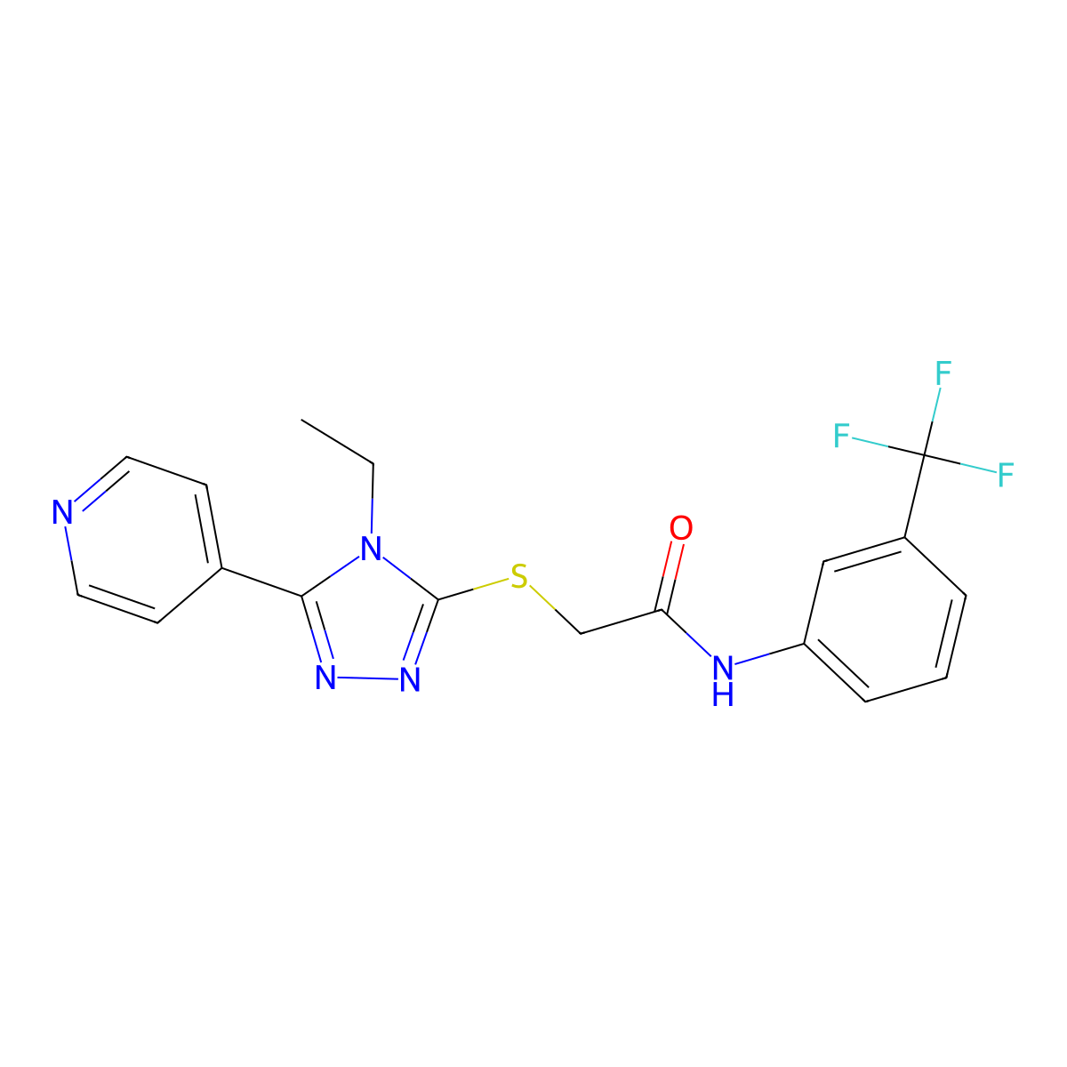 2-((4-Ethyl-5-(4-pyridinyl)-4H-1,2,4-triazol-3-YL)sulfanyl)-N-(3-(trifluoromethyl)phenyl)acetamide molecular structure, CAS 482639-74-7