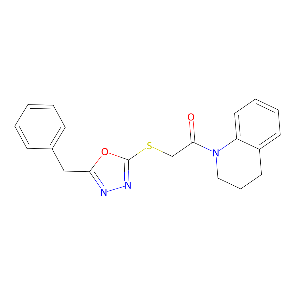 2-((5-benzyl-1,3,4-oxadiazol-2-yl)thio)-1-(3,4-dihydroquinolin-1(2H)-yl)ethanone molecular structure, CAS 482642-42-2