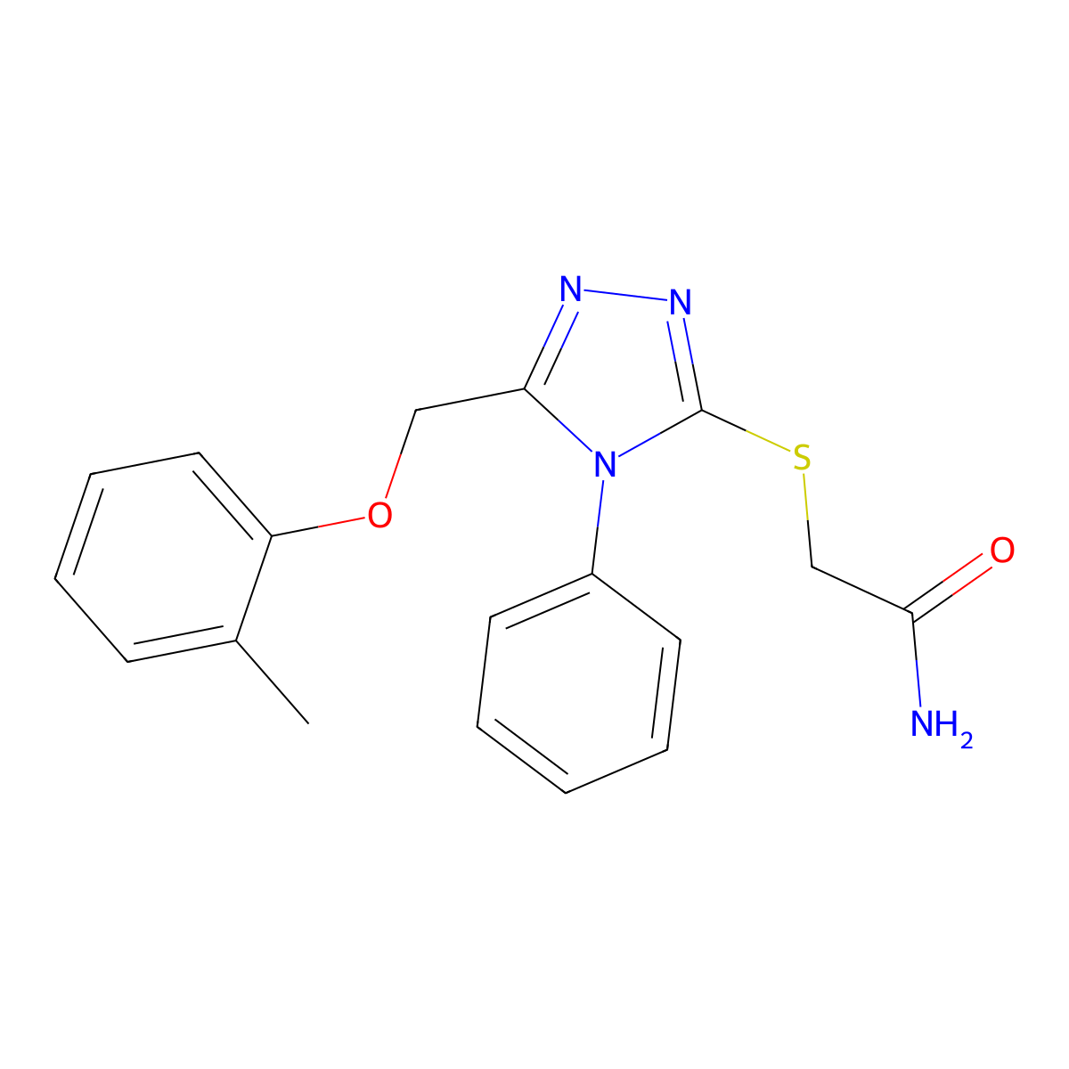 2-{5-[(2-Methylphenoxy)methyl]-4-phenyl-1,2,4-triazol-3-ylthio}acetamide molecular structure, CAS 482646-13-9