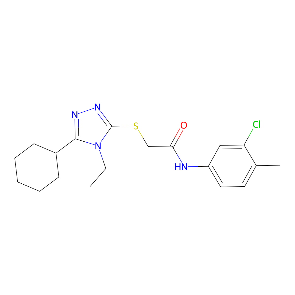 N-(3-Chloro-4-methylphenyl)-2-((5-cyclohexyl-4-ethyl-4H-1,2,4-triazol-3-yl)thio)acetamide molecular structure, CAS 482651-09-2