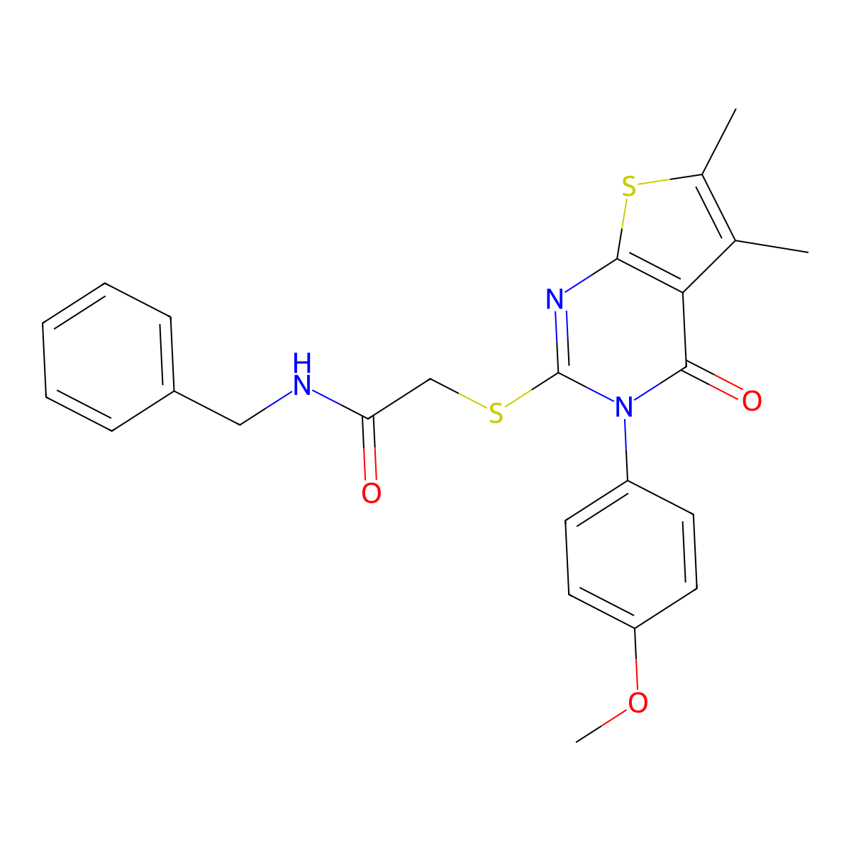 N-benzyl-2-[3-(4-methoxyphenyl)-5,6-dimethyl-4-oxothieno[2,3-d]pyrimidin-2-yl]sulfanylacetamide molecular structure, CAS 482651-40-1