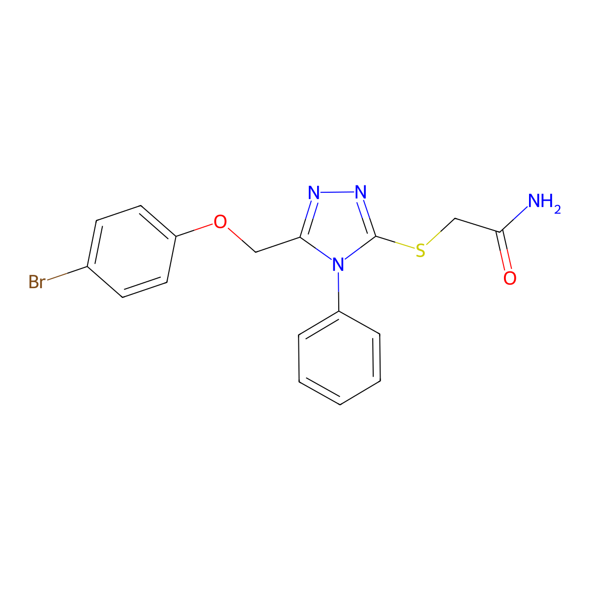2-[[5-[(4-Bromophenoxy)methyl]-4-phenyl-1,2,4-triazol-3-yl]sulfanyl]acetamide molecular structure, CAS 482651-45-6